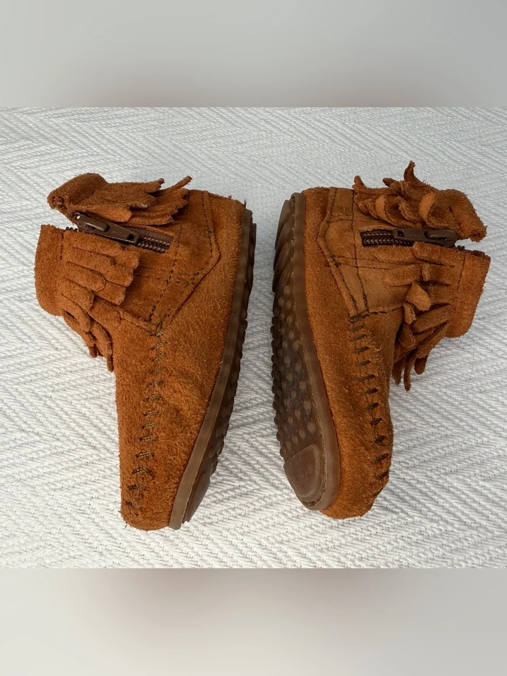 Minnetonka Leather 1292 Brown Double Fringe Bootie Moccasin Size 5 kids Side Zip